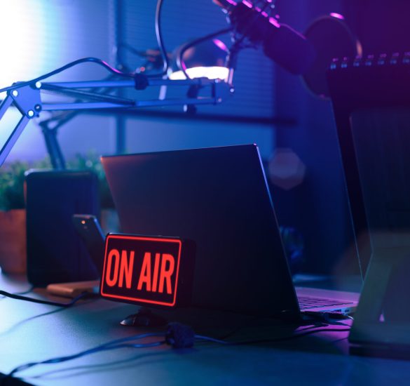 Live online radio broadcasting station desk with on air sign, entertainment and communication concept